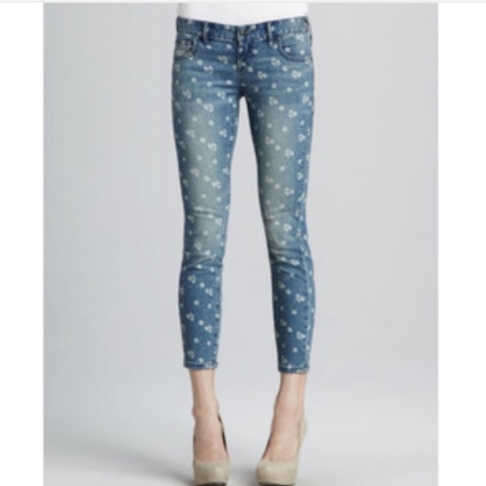 Free People Skinny Jeans White Floral Polkadots 25